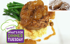 Pork Loin with Apple Raisin Sauce, Green Beans, Creamy Polenta and Ginger Spice Cookies