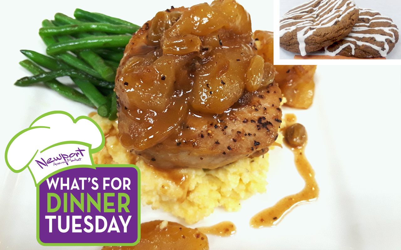 Pork Loin with Apple Raisin Sauce, Green Beans, Creamy Polenta and Ginger Spice Cookies