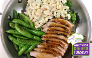 Pork Loin with Plum Sauce, Maui Mac Salad, Sautéed Snap Peas & Strawberry Shortcake