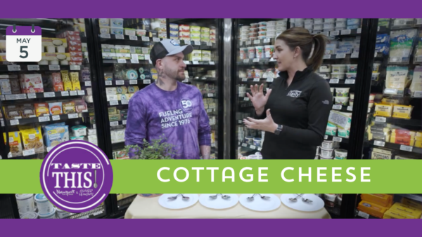 Colin Cornett of Newport Market and Emily Kirk of Central Oregon Daily News compare four popular cottage cheese brands during a Taste This taste test in Bend, Oregon.