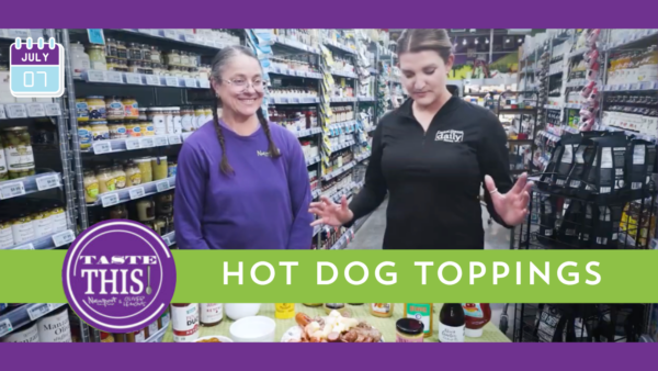 Emily Kirk and Helena Schweigert taste local ketchup and mustard at Newport Market in Bend, Oregon for Taste This.